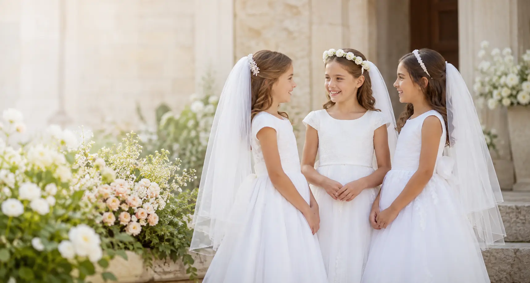 Three girls wearing elegant white First Communion veils outside a softly lit chapel