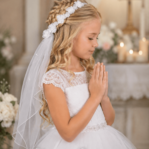 First Communion Satin Floral Wreath Headpiece with Pearl Veil