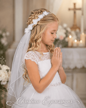 First Communion Satin Floral Wreath Headpiece with Pearl Veil