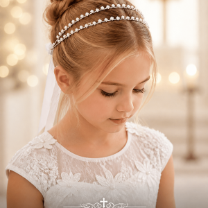 First Communion Diamond Rhinestone Double-Layer Hairband with Satin Ribbon