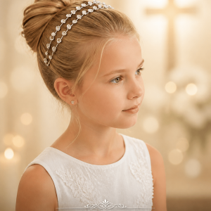 First Communion Rhinestone Double-Layer Hairband with Satin Ribbon