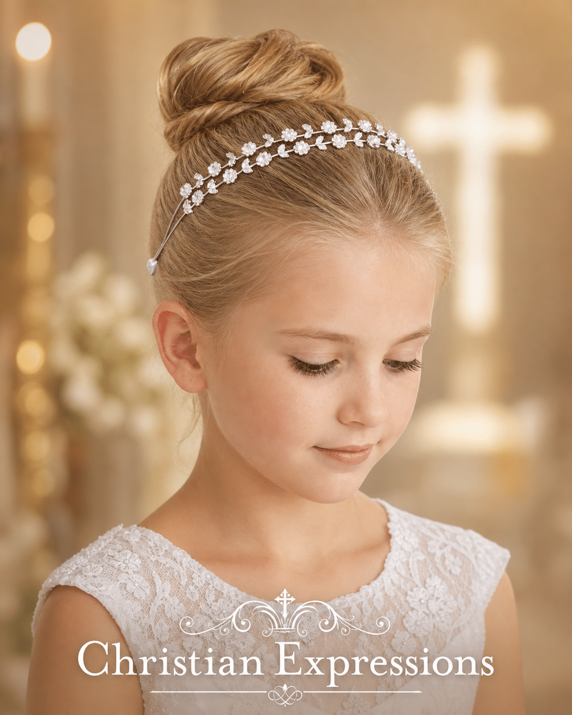 First Communion Rhinestone Flowers Double-Layer Hairband