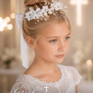 First Communion Floral Crown Wreath Headpiece with Satin Bow