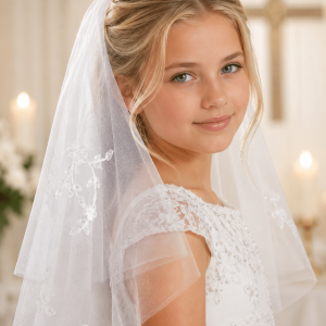 Girls First Communion Veil with Raw Edge and Lace Appliqué