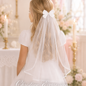 Girls First Communion Satin Bow with Dangling Cross and Trim Veil