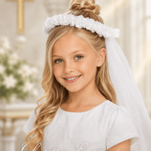 First Communion Wreath Veil with Satin Flowers and Pearl Accents