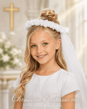 First Communion Wreath Veil with Satin Flowers and Pearl Accents