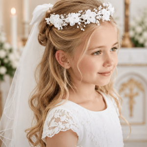 First Communion Wreath Veil with Satin Organza Flowers