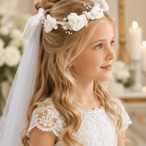 First Communion Satin Flower Wreath with Maria Veil