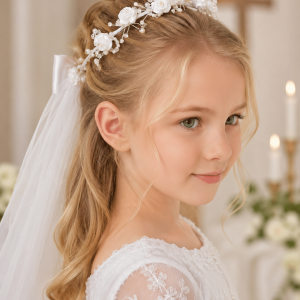 Girls First Communion Floral Bun Crown with Veil