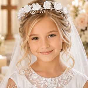 Girls First Communion Flower Crown with Veil