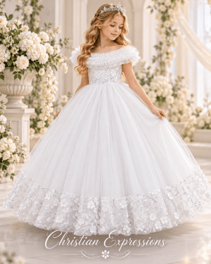 First Communion Dress with Fluffy Shoulder Wrap and Beading