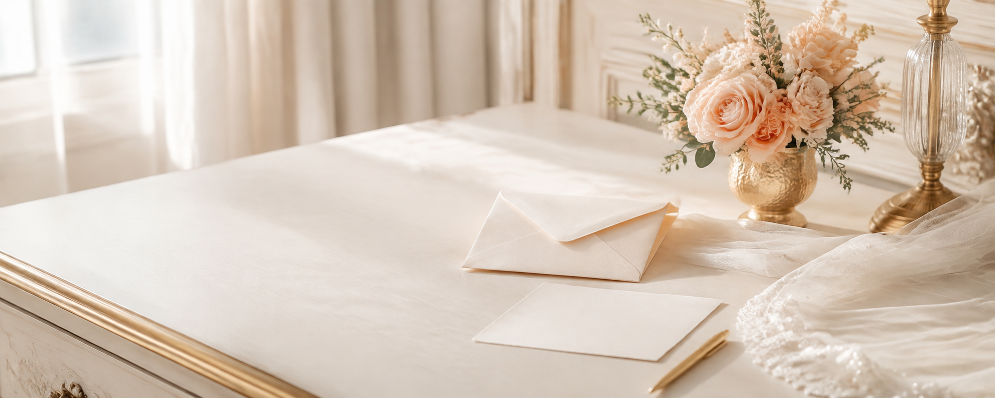 Soft peach flowers, ivory stationery and a First Communion veil arranged for the Elegant Veils contact page