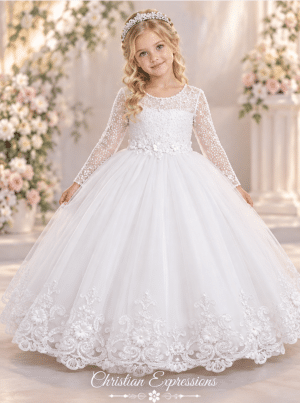 First Communion Dress with Long Sleeves and Beading