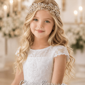 Beaded Wire First Communion Headpiece with Satin Tie Back