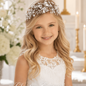 Beaded Wire Floral First Communion Headpiece with Satin Ties