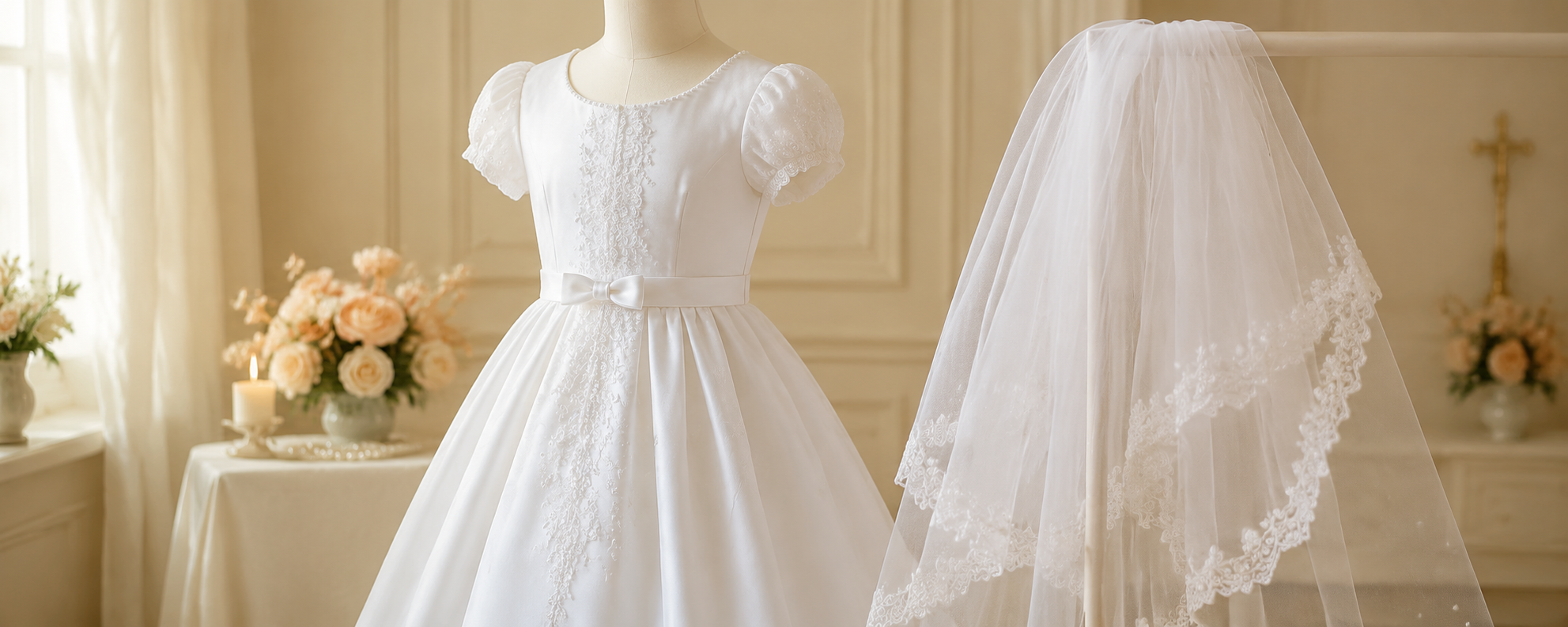 First Communion dress displayed with a coordinating ivory veil