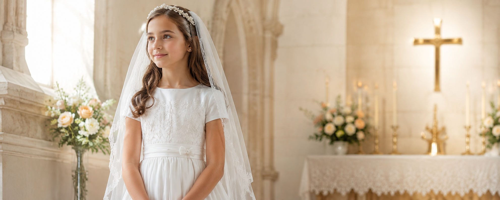 First Communion girl showing the elegant full length drape of an ivory veil