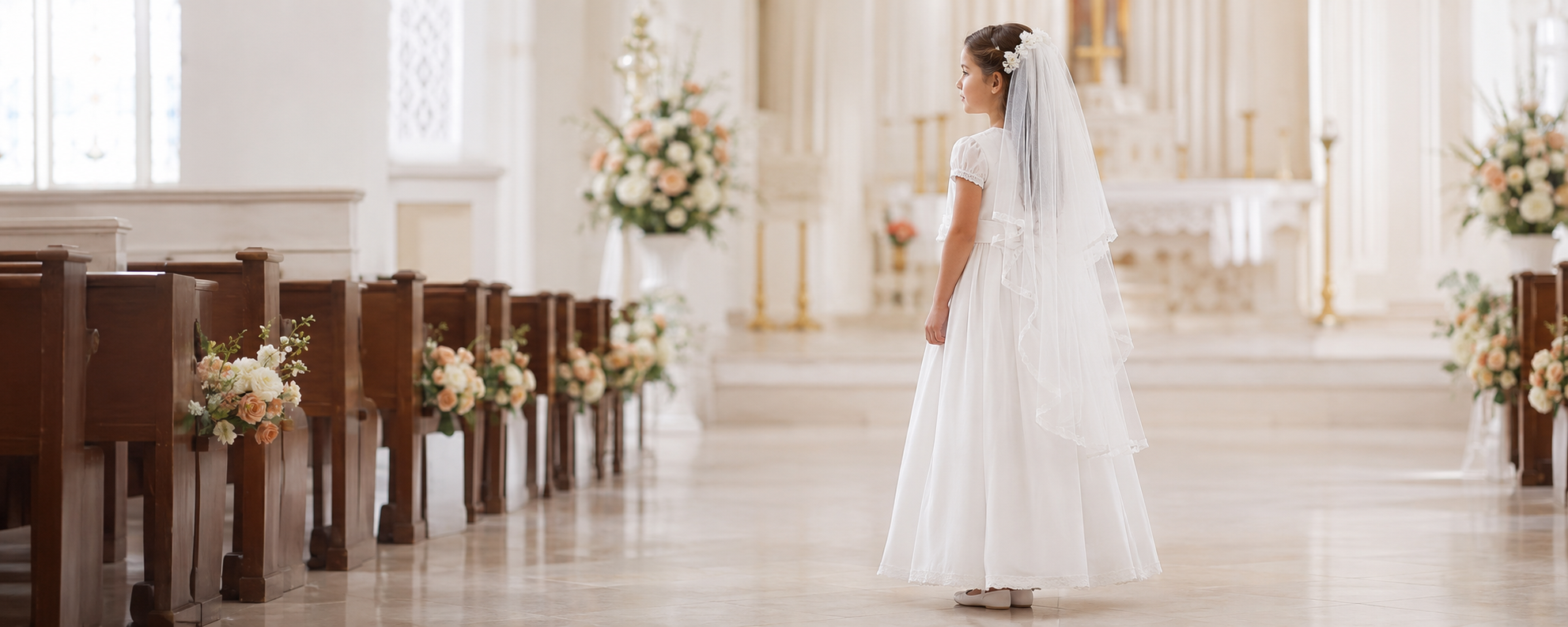 First Communion veil headband, wreath, tiara and comb styles arranged on ivory fabric
