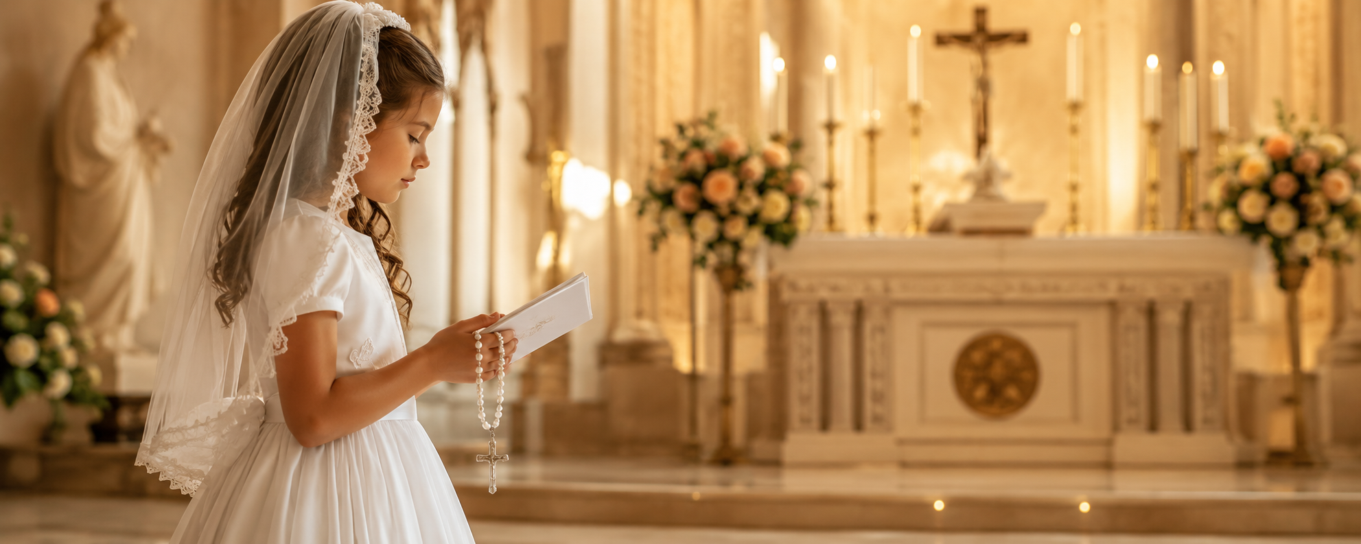 First Communion girl holding a prayer book and rosary in a chapel