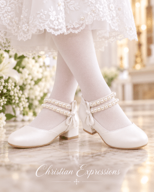 Girls White First Communion Shoes with Double Strap Pearls