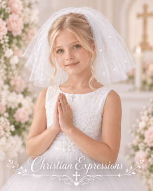 First Communion Short Double Layer White Veil with Scattered Pearls
