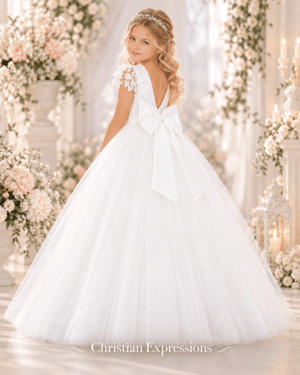 First Communion Dress with Lace Bodice and Sleeves