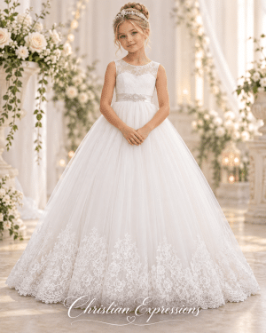 First Communion Gown with High Waist Lace Embroidery