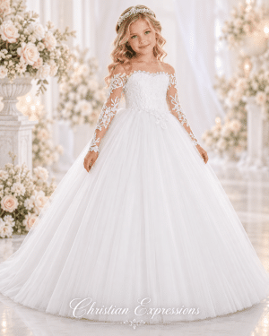 Long Sleeve lace First Communion Gown with Lace Embroidery