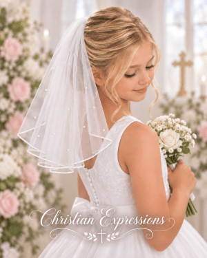Short First Communion Single Tier White Veil with Scattered Pearls