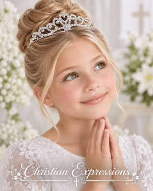 First Communion Crystal Rhinestone Tiara Crown with Heart & Flower