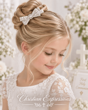 First Communion Silver 3D Rhinestone Bow Barrette