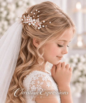 Rose Gold Flower Leaf Pearl First Communion Hair Comb