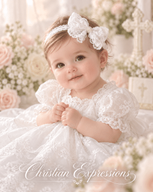 Girls Christening Headband –  Baby Headband with White Lace Bow