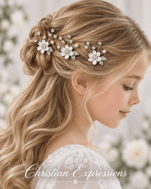 First Communion Hairpins with Fabric Flowers Pearls