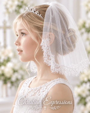 Short First Communion Single Tier White Veil with Eyelash Lace Trim