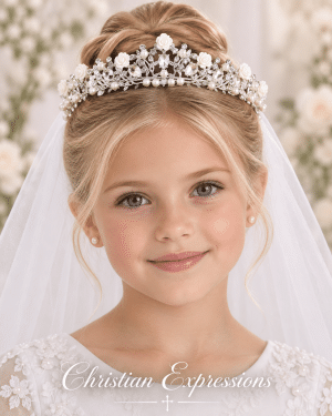 First Communion Crown Veil with Resin Flowers and Crystals
