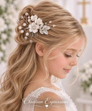 First Communion Hair Comb with Fabric Flowers