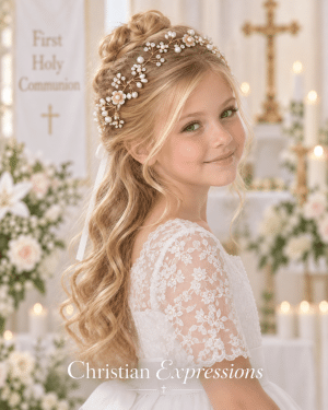 First Communion Hair Wreath with Rhinestones and Flowers
