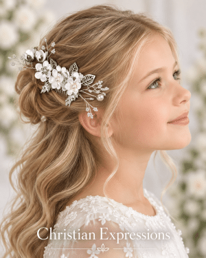 First Communion Hair Comb with Fabric Flowers Pearls