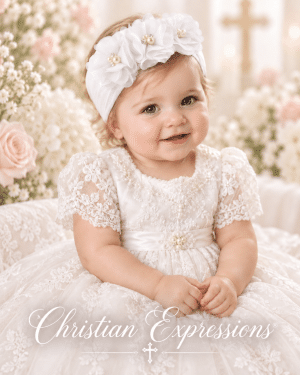 Girls Christening Headband with Chiffon Rose with Beaded Accents