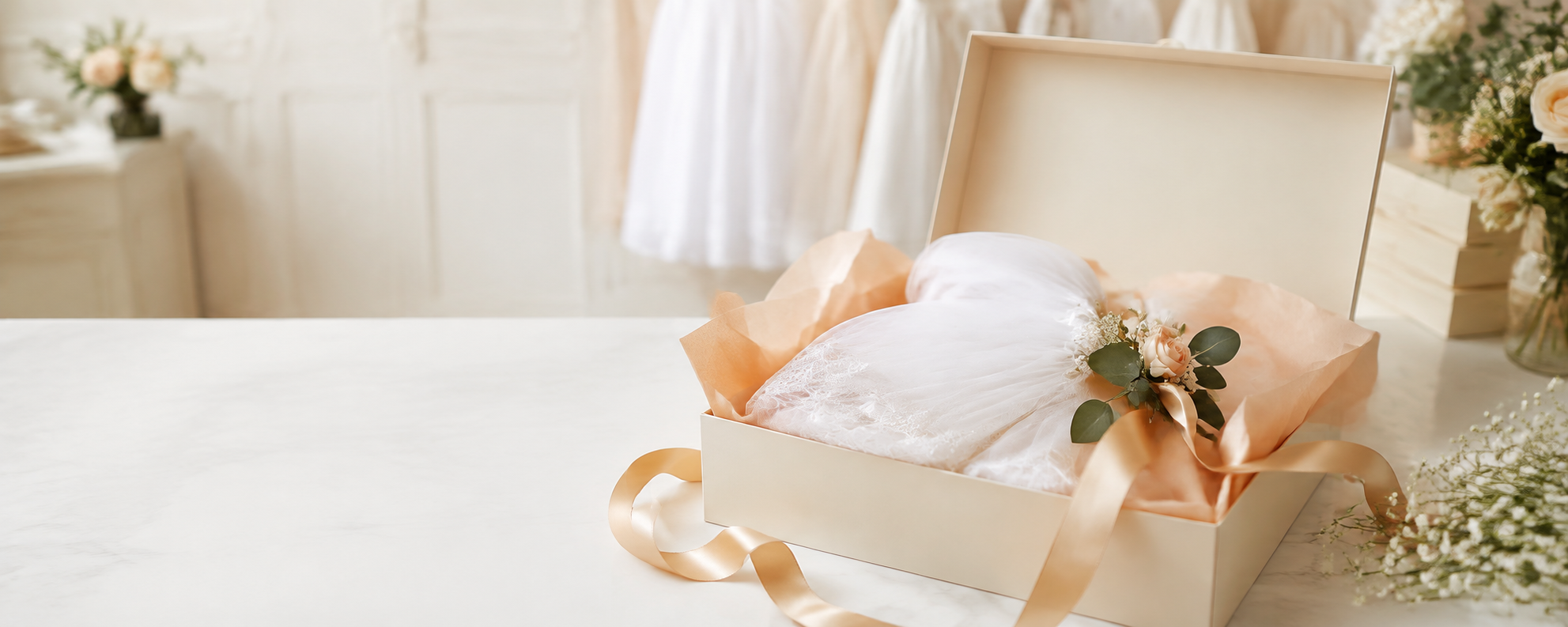 First Communion veil carefully packaged in an elegant gift box with peach ribbon