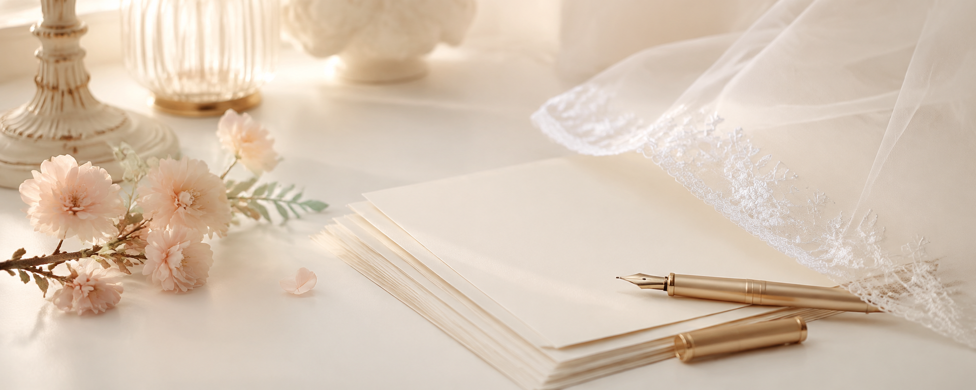 Elegant ivory desk with a First Communion veil, peach blossoms and gold pens
