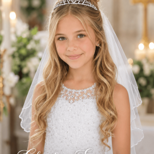 First Communion Crown Tiara Veil with Maria Embroidery