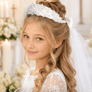 First Communion Crown Wreath Veil with Beads and Rhinestones
