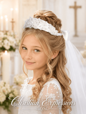 First Communion Crown Wreath Veil with Beads and Rhinestones