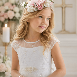 First Communion Floral Crown Wreath Headpiece with Large Flowers