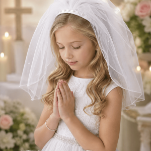 First Communion Headband Veil Braided Satin and Pearls