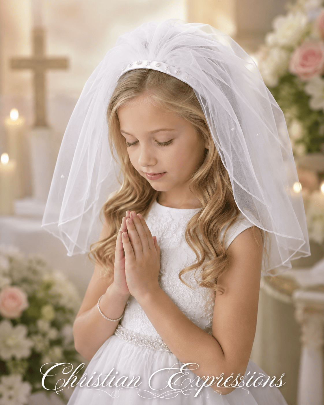 First Communion headband veil with braided satin and pearls