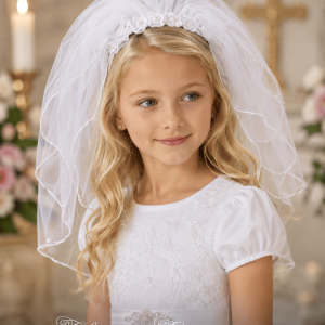 First Communion Headband Veil with Lace and Pearls